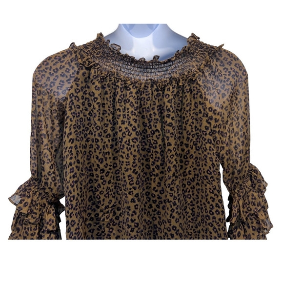 CeCe Top Wmns Large Leopard Print Sheer Blouse Off the Shoulder Ruffle Sleeve - Picture 7 of 13